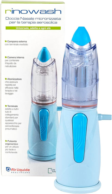 Air Liquide Healthcare, RINOWASH, Doccia Nasale Micronizzata per la Terapia Aerosolica delle Vie Aeree Superiori, Adatto per Adulti e Bambini, Trattamento Rapido, Sicuro ed Efficace